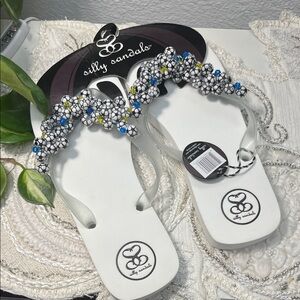 White and Black Beaded Flip Flops